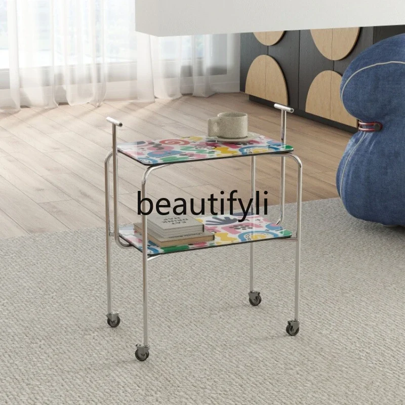 

Italian sofa side living room stainless steel trolley movable bedside table small table