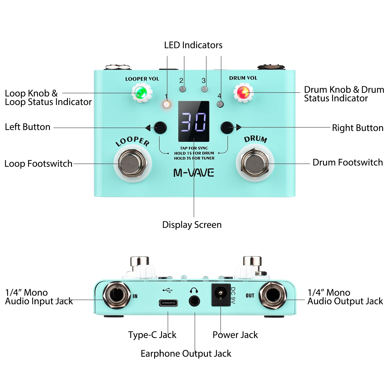 M-VAVE Lost Tempo V2 Drum Machines & Looper Pedal Built-in 30 Drums 11 Mins Recoding Time High Precision Tuner Guitar Parts