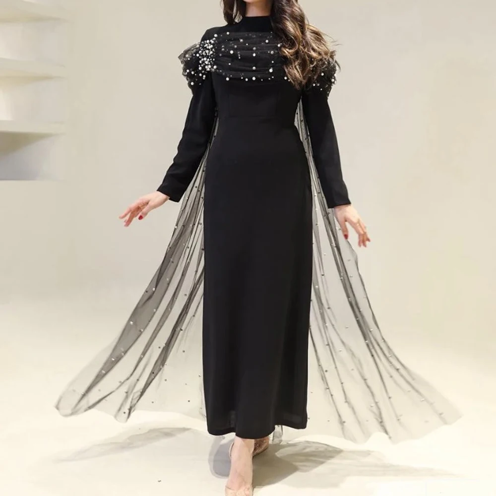 

Customized Straight Evening Dresses Ankle-length High-neck Full Sleeve Prom Gown Simple Fashion Beading Draped Party Gown