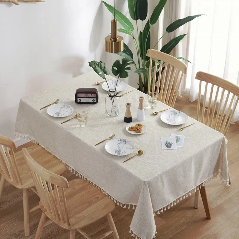 Simple Pure Color Cotton Linen Tablecloth Nordic Style Rectangular Dining Room Tablecloth Party Banquet Decor Tassels Tablecloth