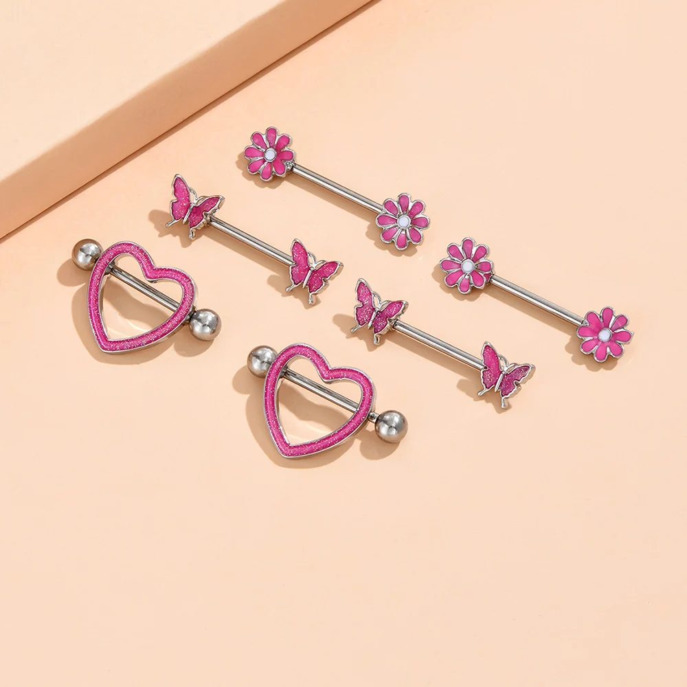 2pcs Titanium Bear Dangled Nipple Piercing 14G Flower Heart Shield Bar Barbell Nipple Ring Piercing Nombril Breast Cover Jewelry