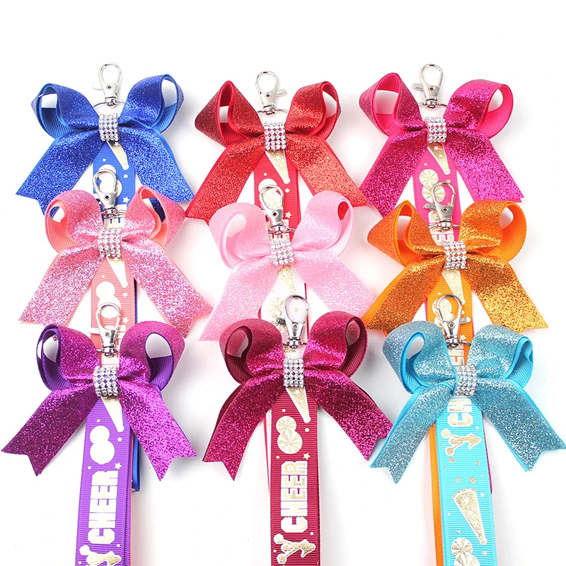 Personalizado Glitter Cheer Ribbon Bow Keychain, pingente colorido, acessórios de decoração mochila, presentes criativos