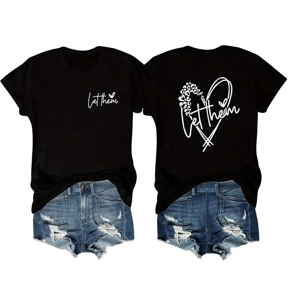 Plus Size Women's Trendy Black Short Sleeve T - shirt, "Let them" Chic Heart - shaped Graphic Print,Casual Wear