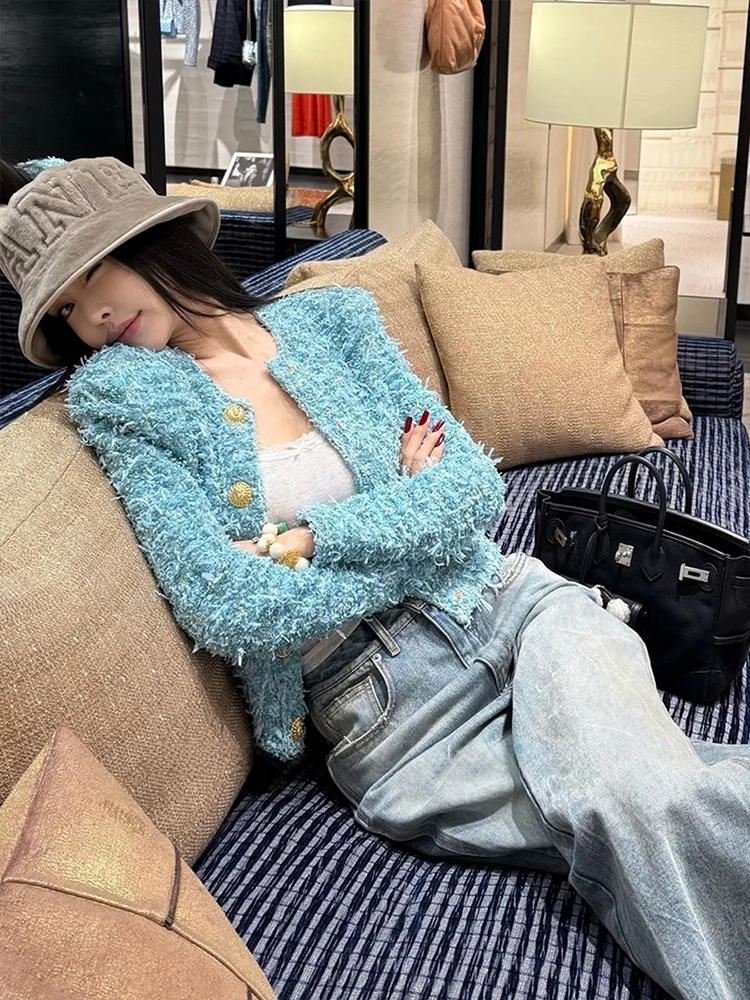 

Blue ort Fit Women's Cardigan Coat Autumn Winter High Quali Slimming ort Top Luxury Sle Faionable Lady's Outerwear