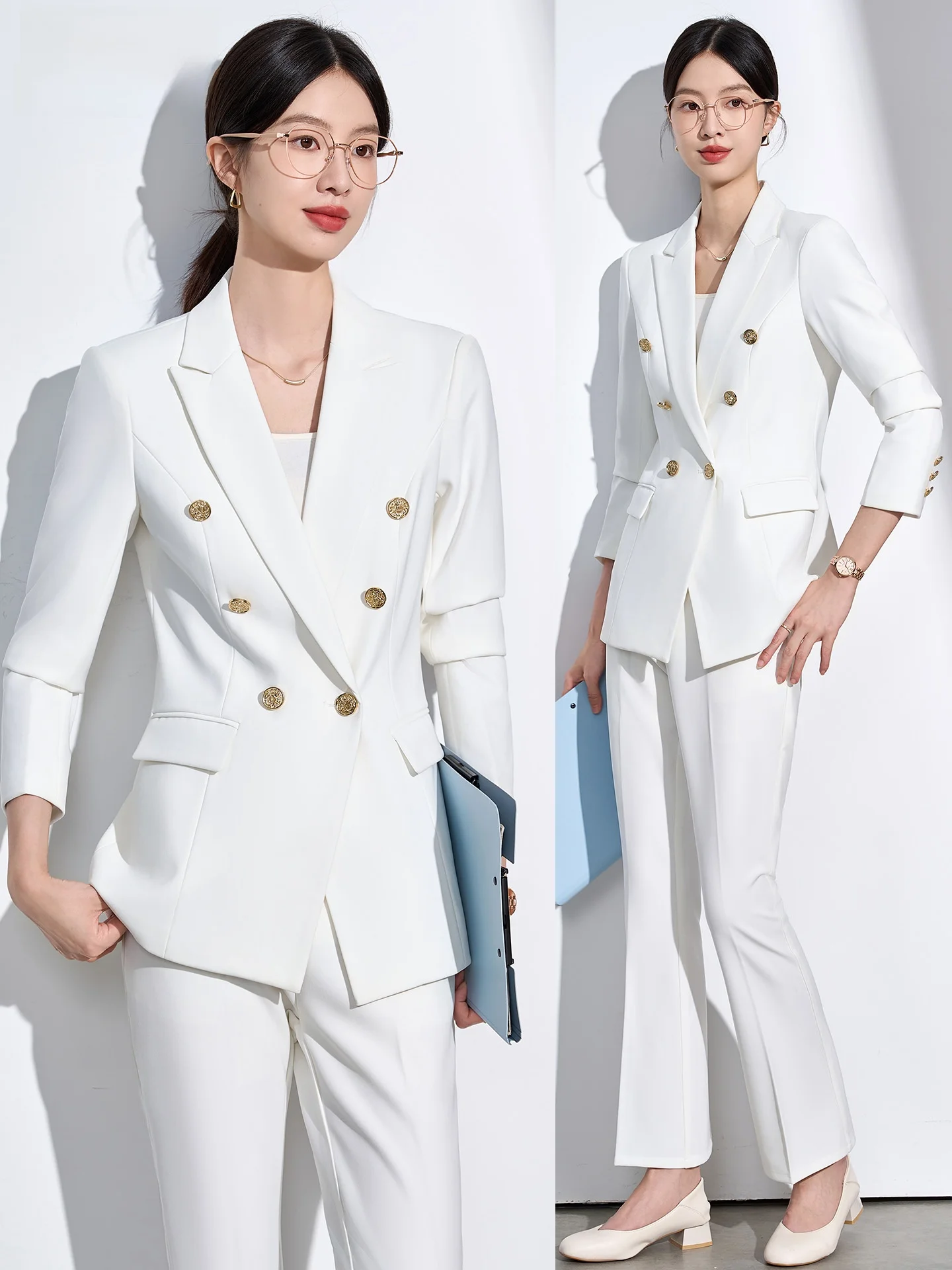 Elegant White Suit Jacket Women's Professional Career Interview Hostess Wardrobe Ensemble Polyester Fiber Long Sleeve