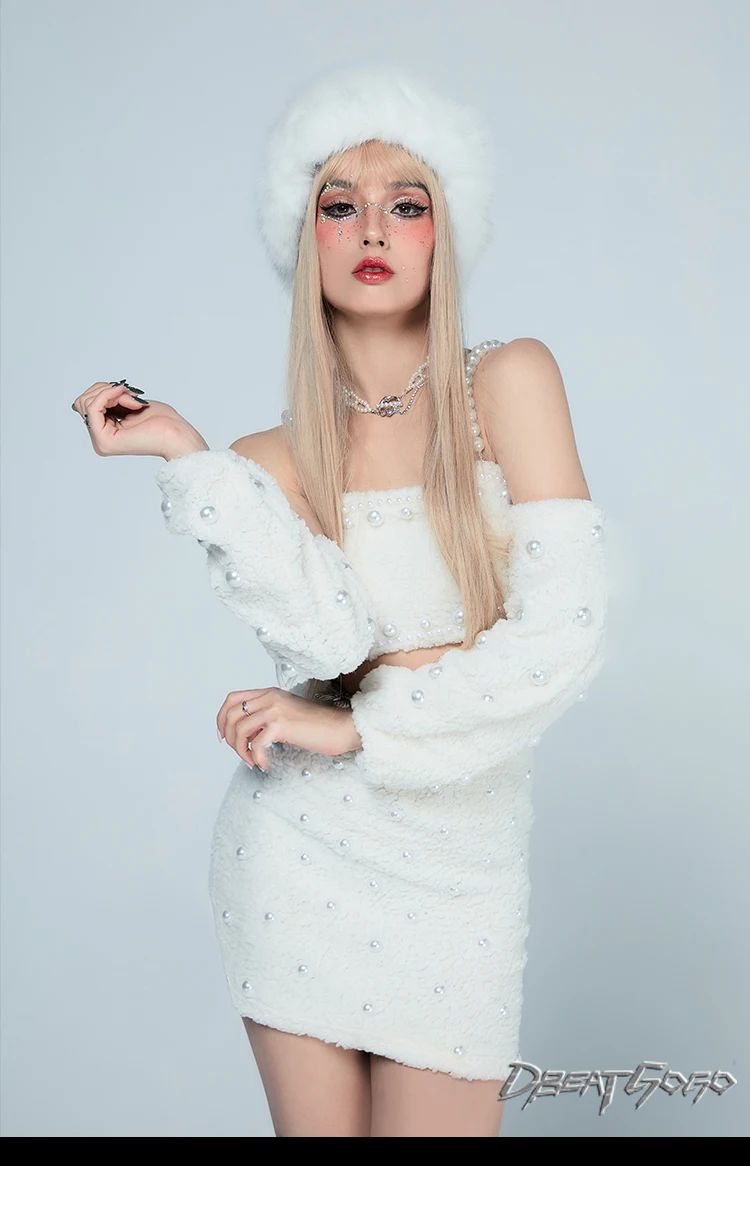 Kostium sceniczny 2025 White Plush Pearl Dancer, strój Kpop, kostium do tańca jazzowego, strój na imprezę rave, strój dla piosenkarza, drag queen, odzież sceniczna yj386