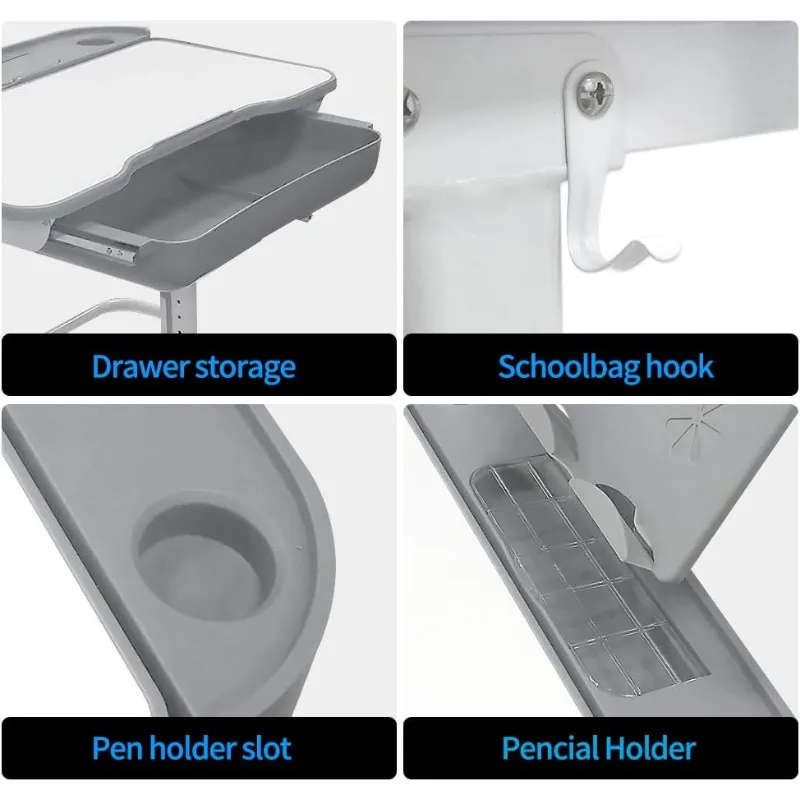 Escritorio de estudio escolar con altura ajustable para niños, escritorio inclinable, estantería, lámpara LED, gancho de Metal y cajón de almacenamiento