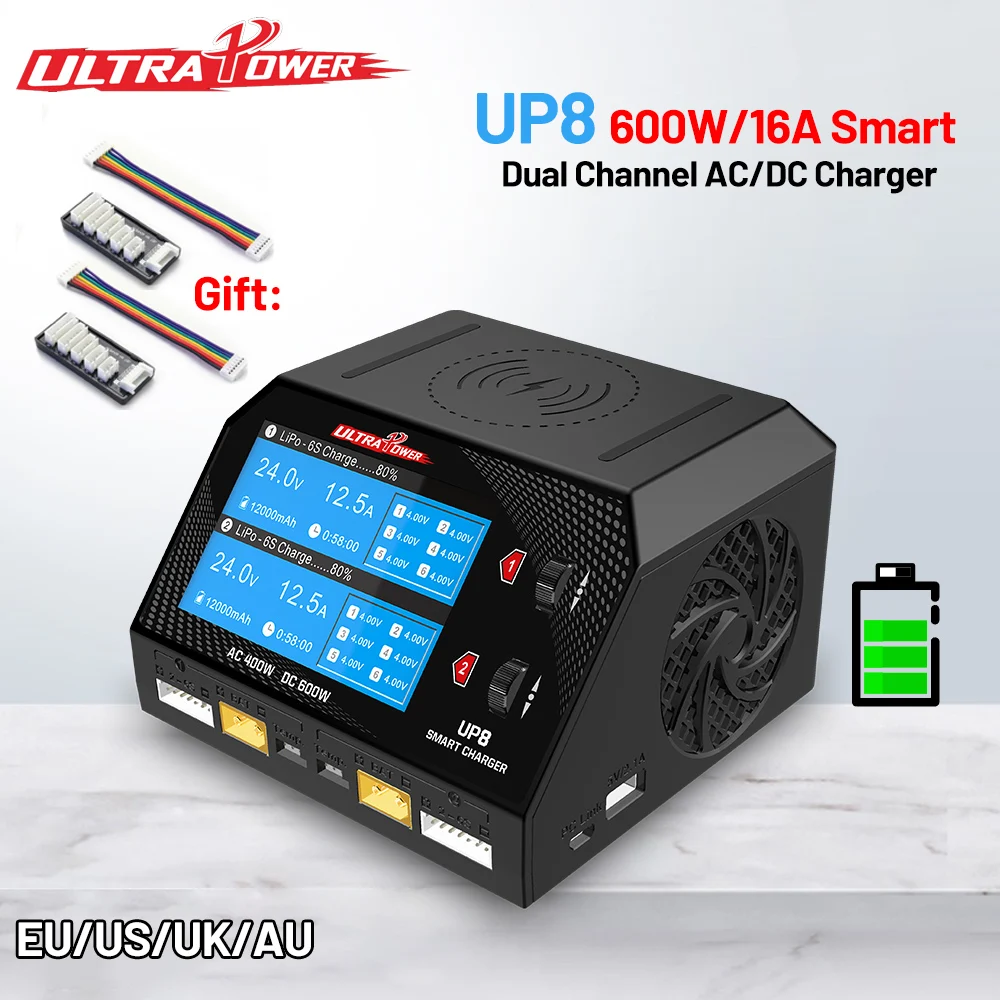 

Умное двухканальное зарядное устройство UltraPOWER UP8 600 Вт, 16 А, 3,5 дюйма, 480 × 320 ЖК-дисплеев для 1–6 с LiPo LiHV LiIon LiFe NiCd NiMH балансное зарядное устройство