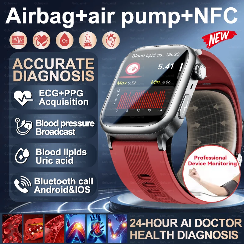 

2025 Men Air Pump Airbag Blood Lipid Smart Watch ECG Blood Pressure Uric Acid Temp Heart Rate Women Health Diagnosis Smartwatch