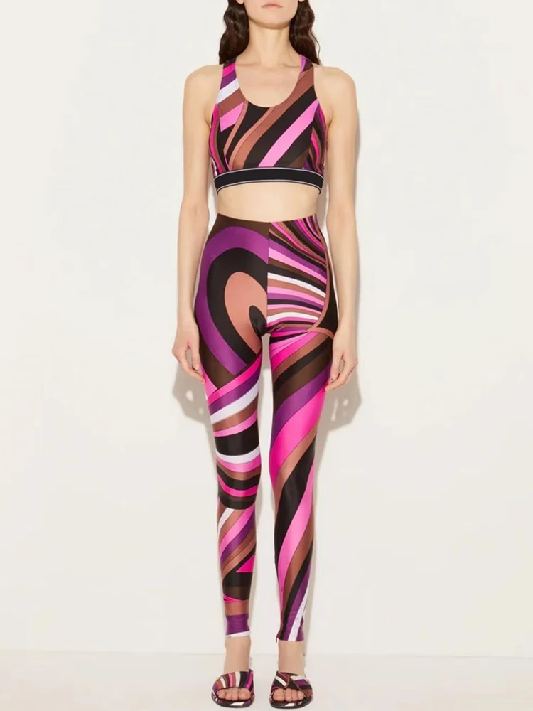 

Spring Summer Fashion Beach Resort Vintage Print Pencil Pants Suit Women's O-Neck Sleeveless Elastic Waist Top + Slim Trousers