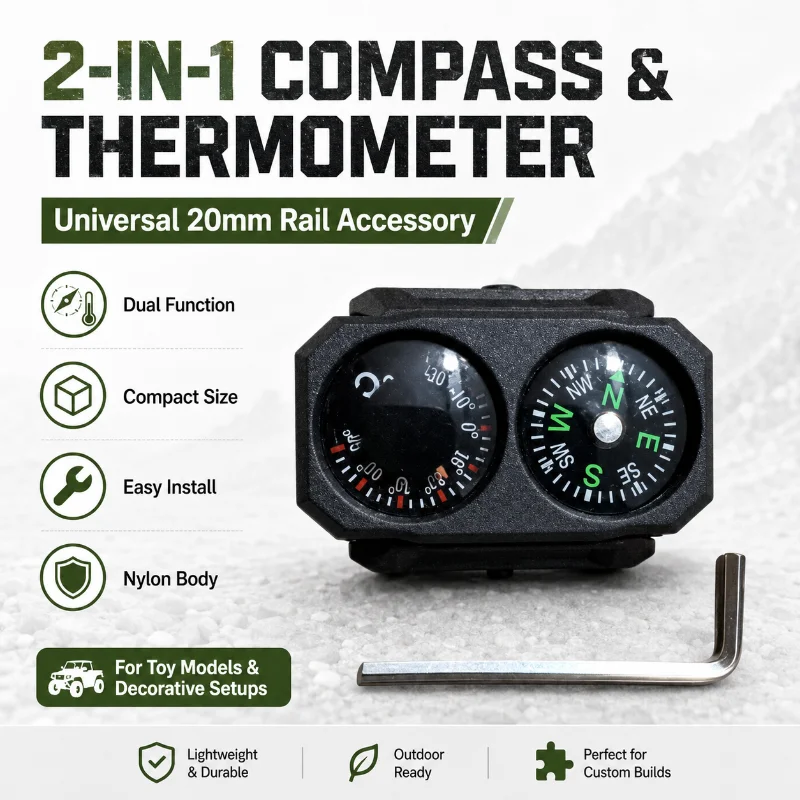 Nylon Integrated Compass Thermometer Hobby Model Ornament, 20‑22MM Rail Fit with Hex Install Key