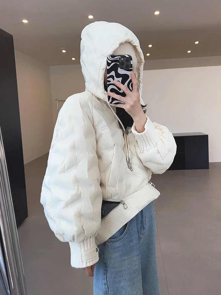 New Winter Natural White Duck Down Jacket Short Fashion Women Casual Hooded Fashion Knit Cuff Warm Puffer Jacket Loose Outerwear