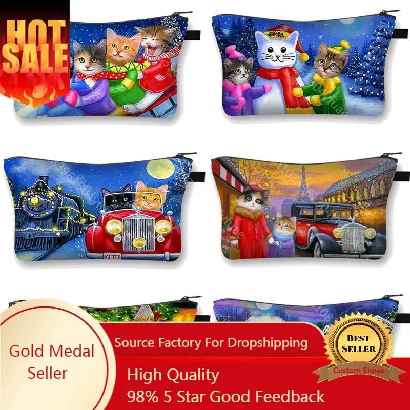 

Kittens Cats Cars Christmas Eve Lane Houses Winter Snow Cosmetic Bag Pure Cute Cat Cosmetic Case Women Makeup Bags Mini Handbag