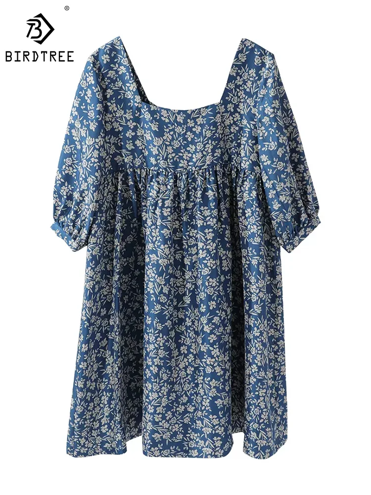 BirdTree 100%Mulberry Silk Dress For Women, Square Neck Floral Half Sleeve, Elegant Sweet Dress, 2024 Spring Summer New D42714QM