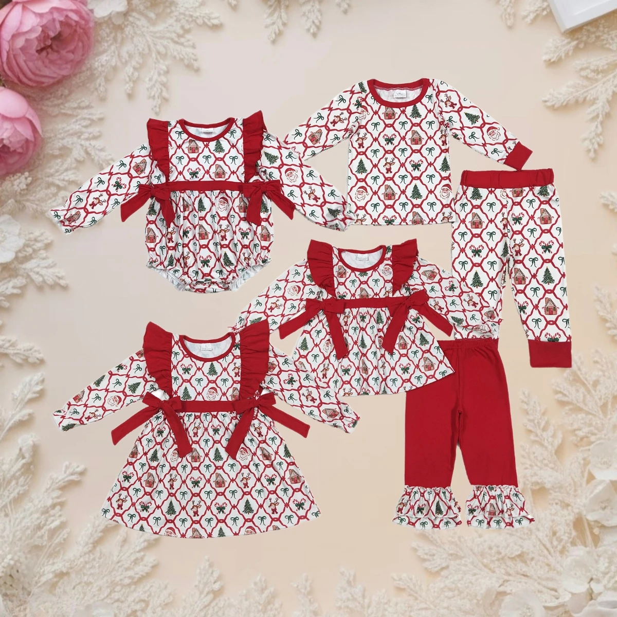 New Fashion Kids Clothing Baby Girls Christmas Tree Bows Sets Fashion Boutique Sibling Clothing Romper Girls Dresses Boys Outfit
