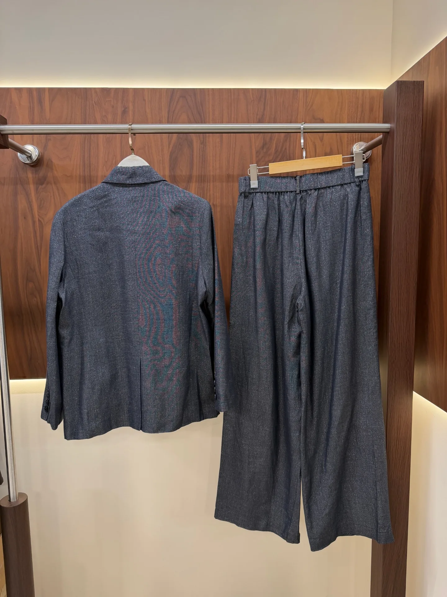 Textured Tweed Two-Piece Suit Double Breasted Blazer & Wide Leg Tailored Pants for Women
