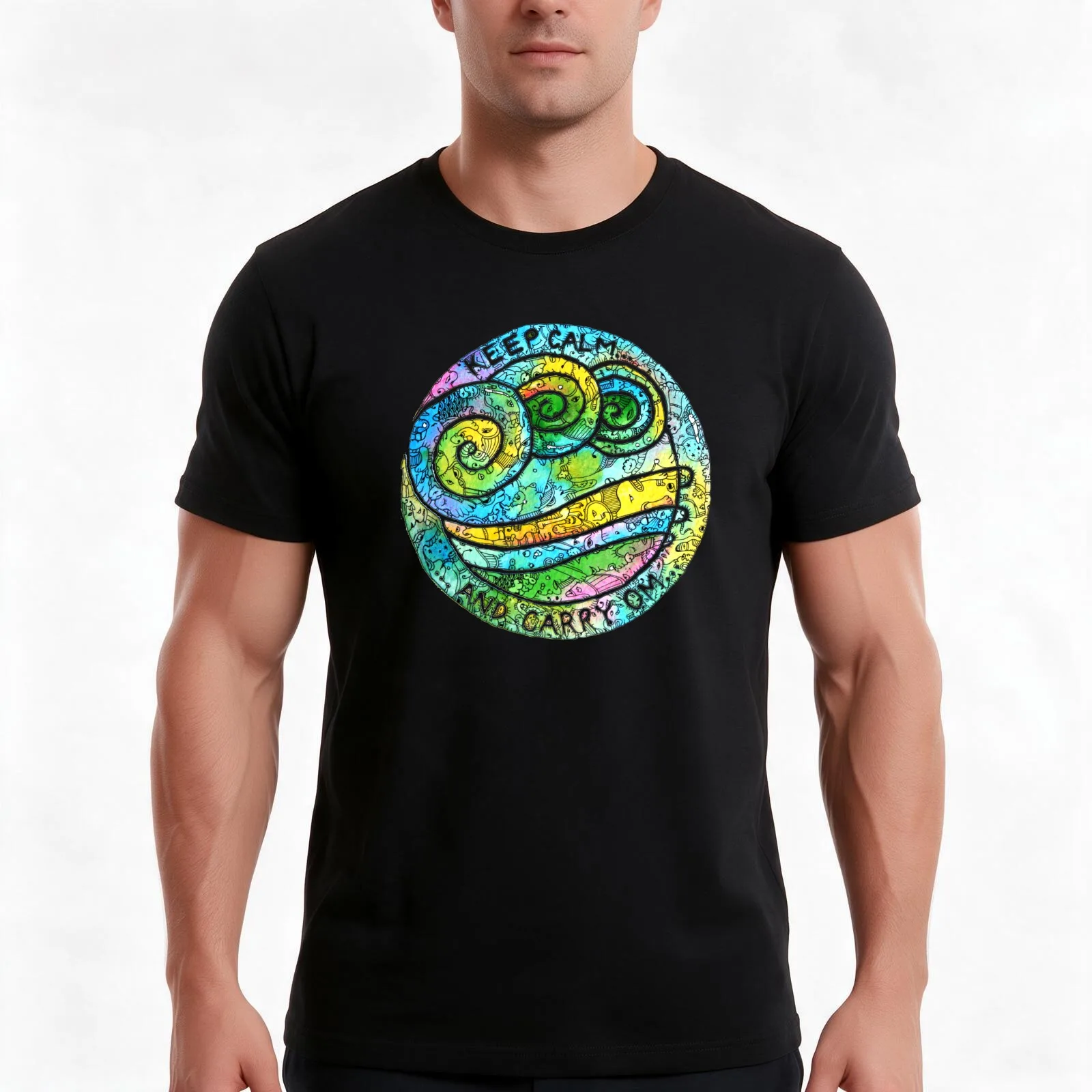 Keep Calm And Carry Om Mandala T-Shirt, Summer Casual Cotton Tee, Oversized Streetwear Tops, Vintage Graphic Print, 100% Cotton