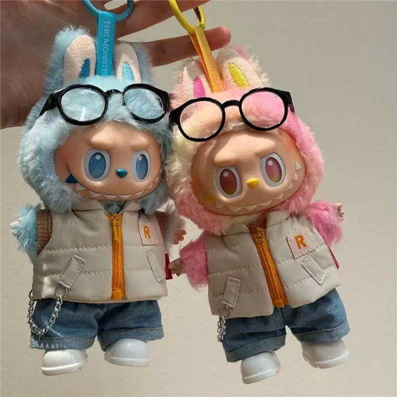 

Labubu de 15 y 17cm, chaleco de invierno de Color sólido con pantalones vaqueros, zapatos, ropa, franjas de diferente Color