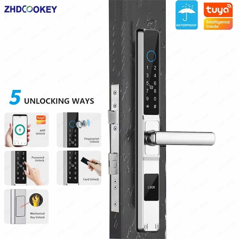 

ZHDCOOKEY Waterproof Tuya APP Fingerprint Biometric Password RFID Card Mechanical key Electronic Sliding Door Smart Door Locks