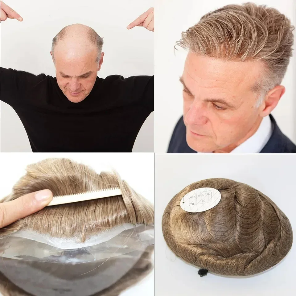 7*10 Ultra-thin PU Poly Base  Skin Base 100% Density Brown Men's Human Hair Durable Men's Wig Capillary Prosthesis System