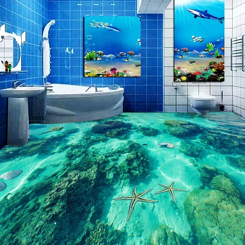 Custom 3D Photo Floor Self Adhesive Wallpaper Underwater World Toilet Bathroom Bedroom Floor Mural Waterproof Wallpaper 3D