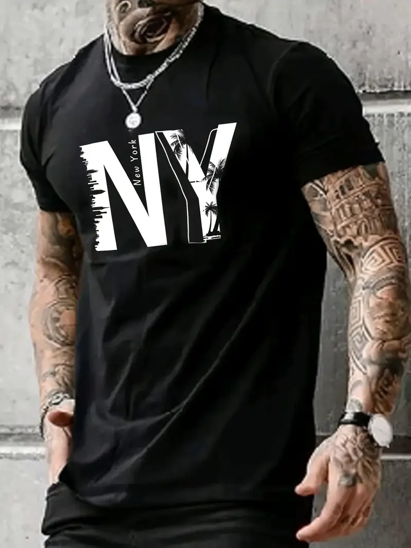 

Ny Printed Men's Chic Short-Sleeved Round Neck T-Shirt, Summer Outdoor, Beach Vacation