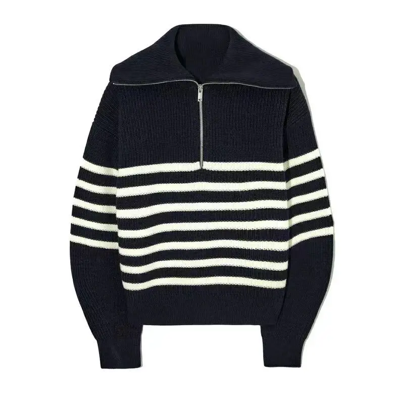 Women\'s Autumn and Winter New Fashion Retro Lapel Half Zipper Contrasting Stripes Casual Long Sleeved Loose Knit Sweater Coat