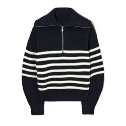 Women's Autumn and Winter New Fashion Retro Lapel Half Zipper Contrasting Stripes Casual Long Sleeved Loose Knit Sweater Coat