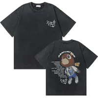 Camiseta con gráfico de oso de graduación Kanye West de rapero Vintage lavada, Camiseta de algodón puro para hombre, camiseta de gran tamaño a la moda de Hip Hop para hombre