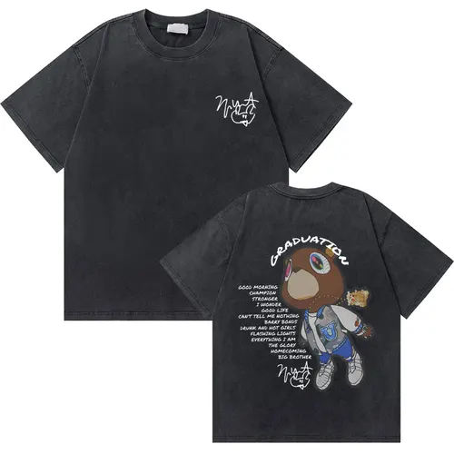 Camiseta con gráfico de oso de graduación Kanye West de rapero Vintage lavada, Camiseta de algodón puro para hombre, camiseta de gran tamaño a la moda de Hip Hop para hombre