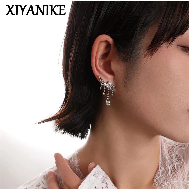 XIYANIKE Irregular Metal Lava Droplet Rhinestone Stud Earrings For Women Fashion New Jewelry Gift серьги женские