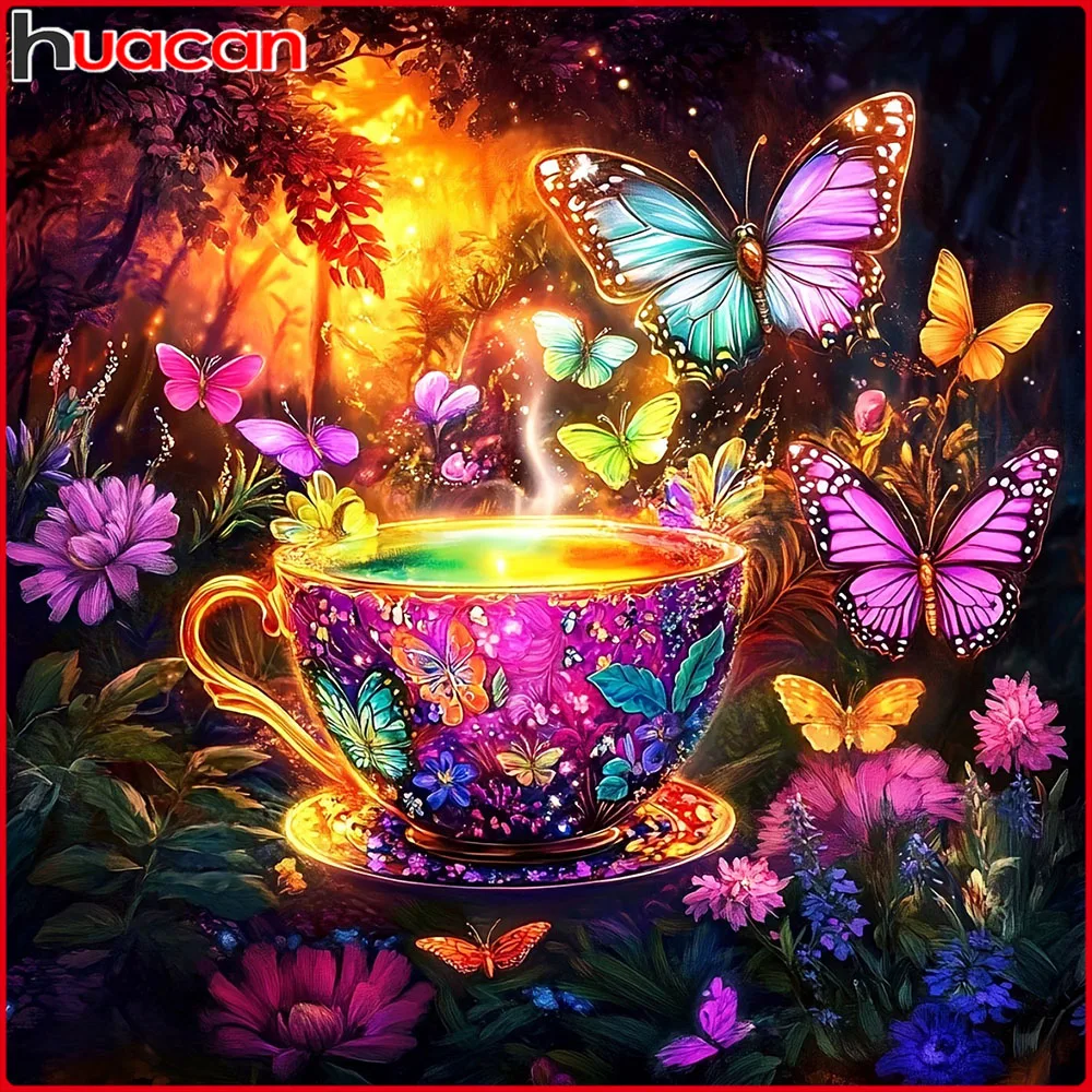 Huacan Vollständiges Diamant-Gemälde Schmetterling Teetasse Diamant-Mosaik Tier Landschaftskunst Dekorative Gemälde