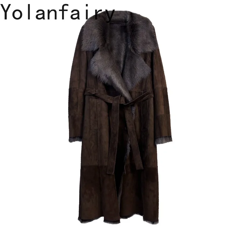 

YOLANFAIRY Роскошная женская зимняя модная длинная шуба из натуральной козьей кожи и меха, элегантное пальто из натурального меха, новинка