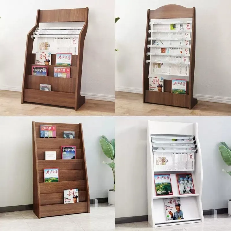 Wooden Floor Standing Newspaper Rack Office Magazine Holder Bookshelf Display Shelf for Promotional Materials Storage