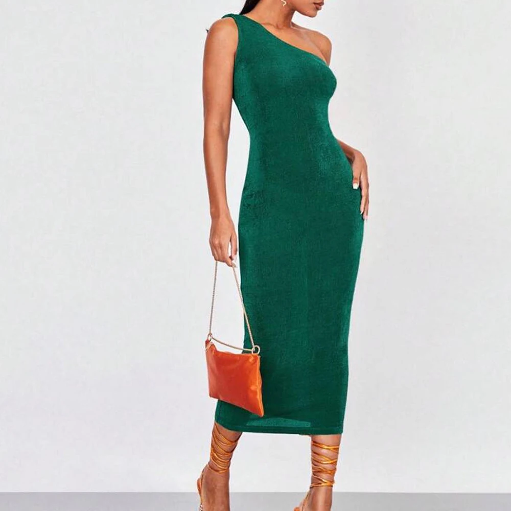 

Elegant Party Dress Woman 2024 One Shoulder teaLength Sleeveless velvet Solid Color Straight Asymmetrical High Quality Cocktail