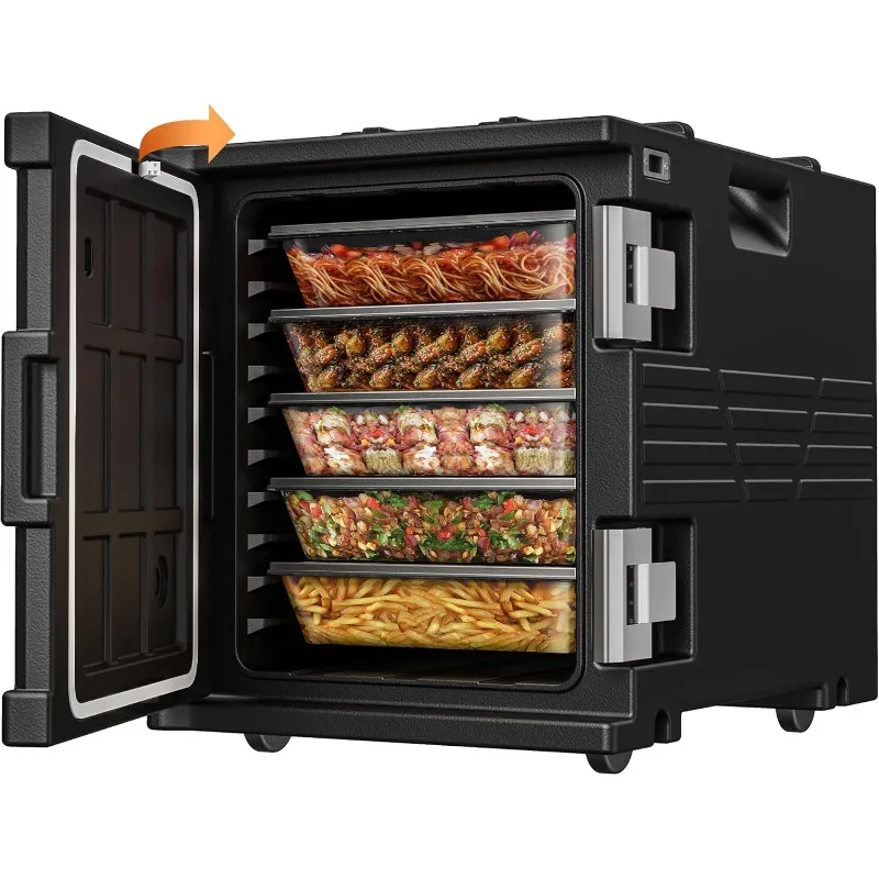 

Черный термоконтейнер для еды 82QT без электричества, на колесах, для кейтеринга, изолированный, вмещает 5 полноформатных противней (противни НЕ входят в комплект)