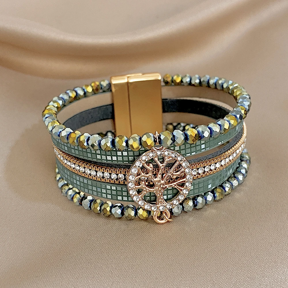 Amorcome Retro Tree of Life Green Leather Bracelet Women Boho Multilayer Rhinestone Crystal Bead Wrap Wide Bracelet Jewelry Gift