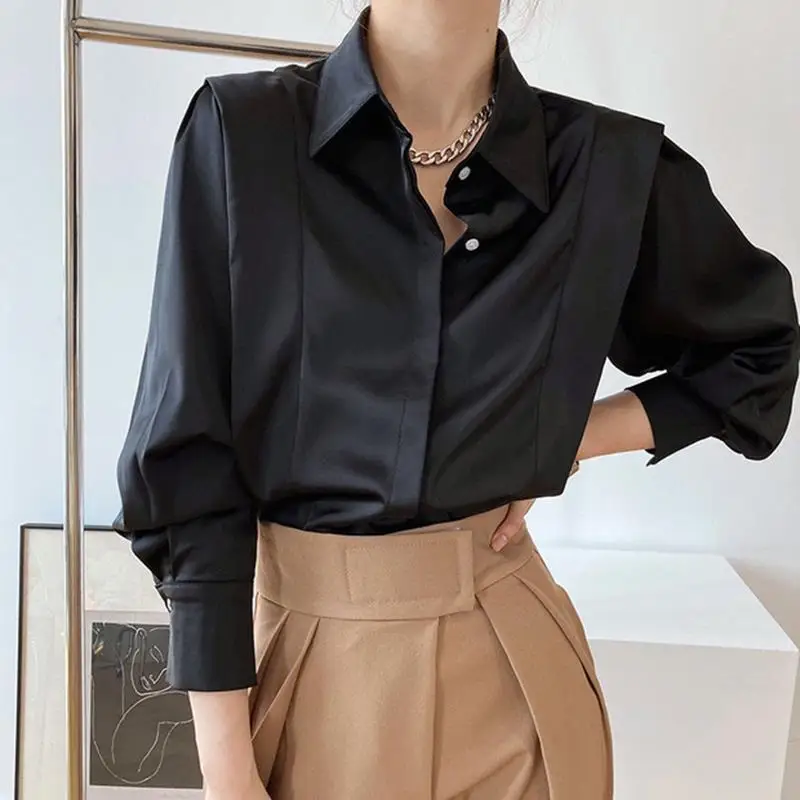 Vintage Satin Elegant Chic Office Lady Button Up Shirt Fashion Black White Long Sleeve Business Casual Blouses Tops Women Blusas