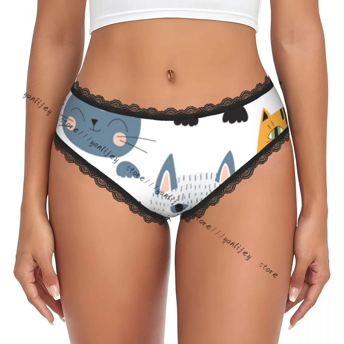 Cute Cats Nursery Illustration Ladies Lace Panties Woman Low Waist Briefs