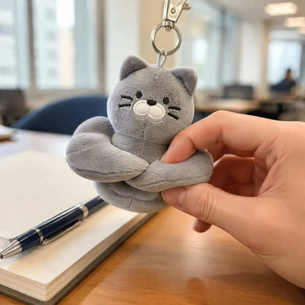 Soft Muscle Cat Plush Keychain Gray Color Fluffy Cat Plush Pendant Funny Design Muscular Animal Cartoon Plush Keyring Cat Lovers