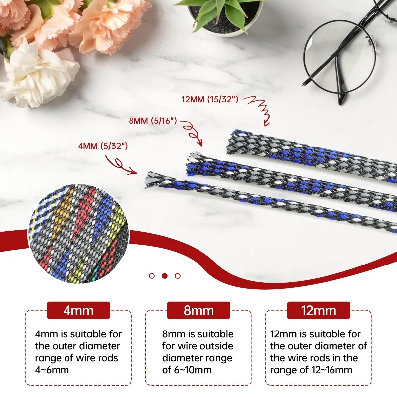 1m - 100m Flexible Cable Sleeving 4mm 8mm 12mm PP Cotton + PET Yarn Braided Insulated Protection Harness Sleeve Wrie Wrap Sheath
