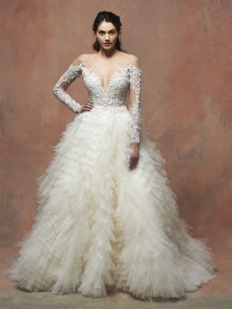 

Custom 2025 Women's Elegant White Deep V-Neck Long Sleeve Lace Gown with Pleated Beads Decoration Wedding Dress