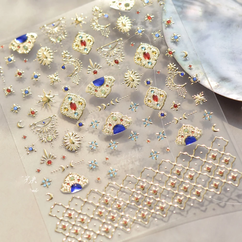 핫 스탬핑 골드 슬리버 보헤미아 대칭 꽃 패턴 5D 네일 아트 스티커 민족 꽃 레트로 자기 접착제 매니큐어 데칼