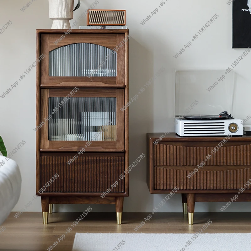 

North American Black Walnut TV Cabinet Side Cabinet Living Room Solid Wood Furniture Sofa Standing Cabinet Flip Glass Dining Roo