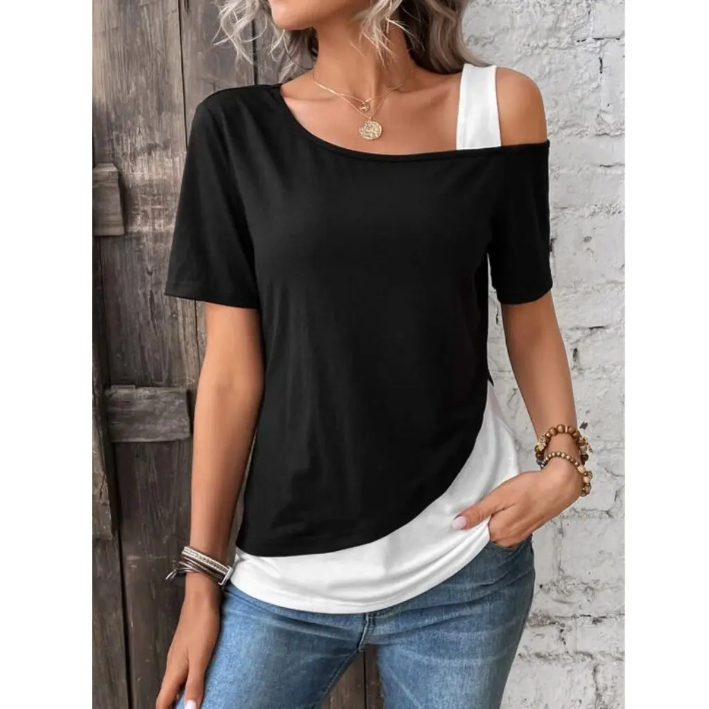 

Women's Contrast Color Stitching T-shirt European American Style Asymmetric Neckline Short Sleeve Top Hot Sale on