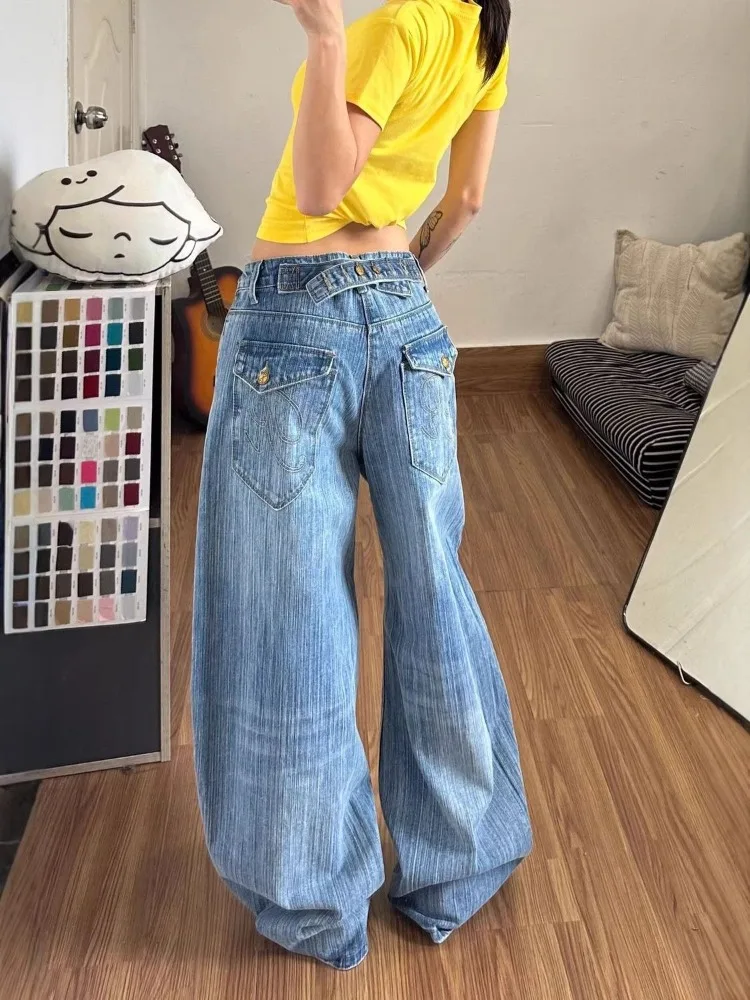 Women's Retro Style Button Blue Wide Legs Jeans Vintage Denim Trousers Street Pants Female High Waisted Personality Sweatpants