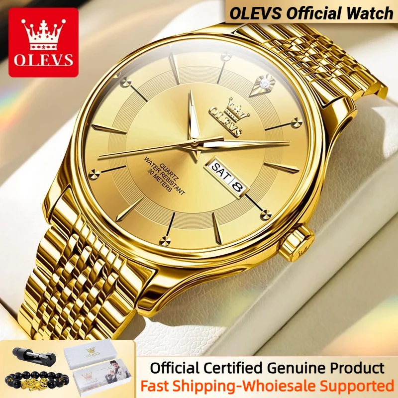 OLEVS Gold Watch for Men Original Quartz Watch Luxury Elegant Week Date Luminous Waterproof Stainless steel Men's Watches Trend