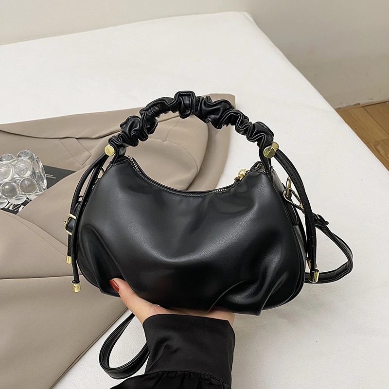 

Fashion Pleated Handle Bag Half Moon Design Underarm Handbag Pu Leather Bag Women Versatile Armpit Crossbody Bag Black Purse