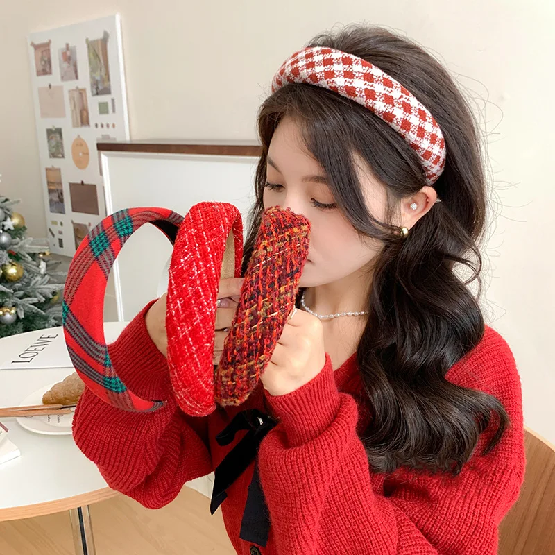 French Red Velvet Headband Women Girls Christmas Twist Plaid Tweed Hairband Vintage Swallow Gird Sponge Hair Hoop Headwear Gift