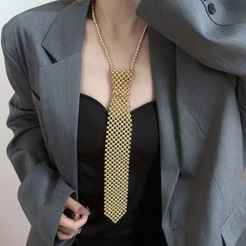 Women Woven Beaded Tie Necklace, Niche Elegant Neck Accessory, Luxury Suit Shirt Collar Decor